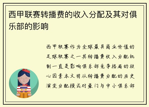 西甲联赛转播费的收入分配及其对俱乐部的影响