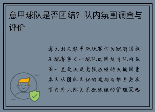意甲球队是否团结？队内氛围调查与评价